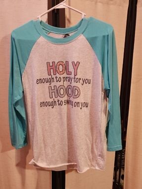 Next Level Apparel Girls Raglan Tee in Teal and Light Gray with Graphic Text